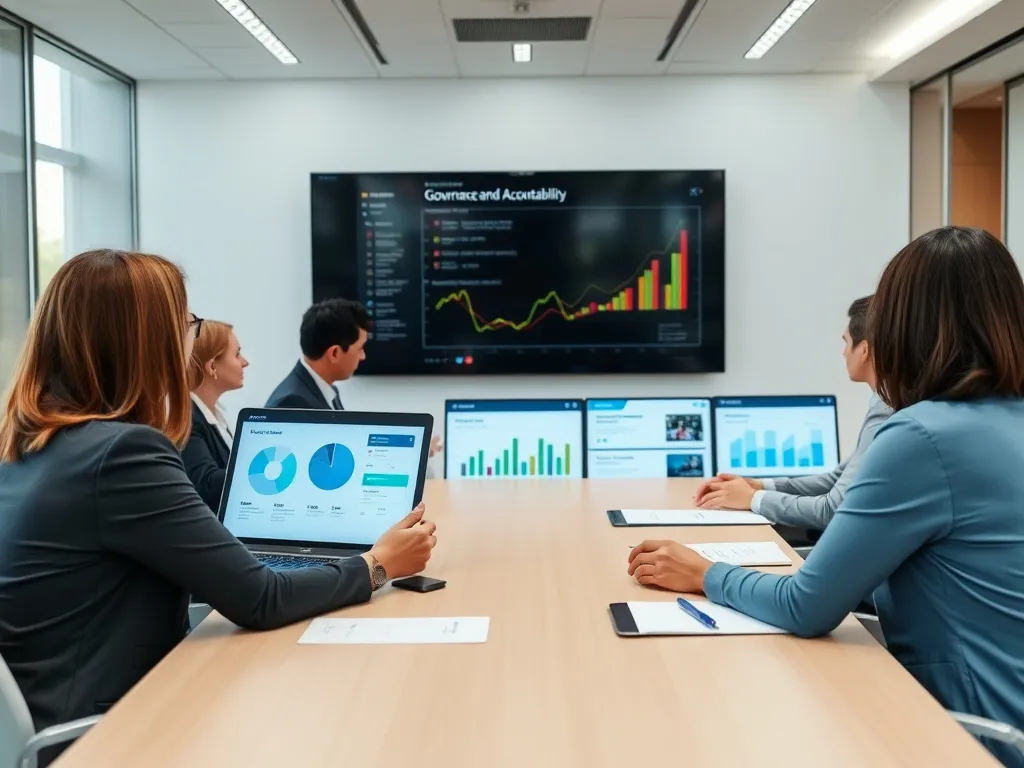 Executive team in boardroom discussing governance and accountability with digital dashboards and strategic planning tools