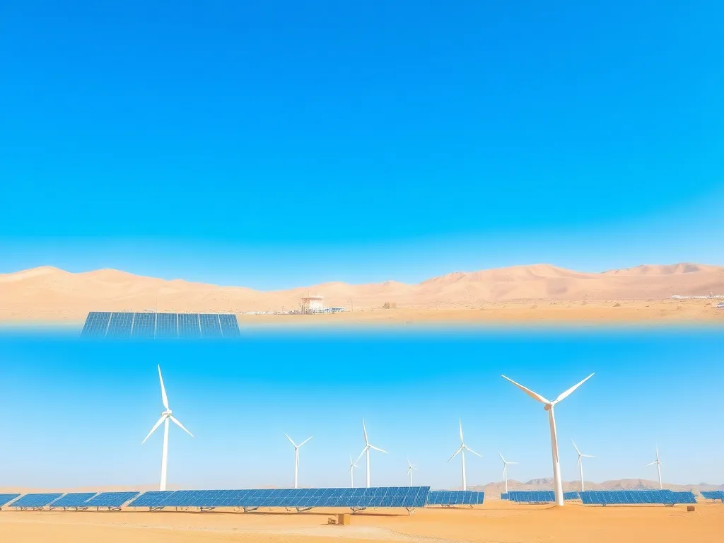 Saudi Arabian landscape showcasing renewable energy sources such as solar panels and wind turbines under a clear blue sky