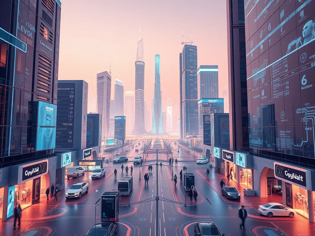 Technology hub with AI and IoT devices in a Middle Eastern smart city, illustrating cutting-edge advancements under Vision 2030