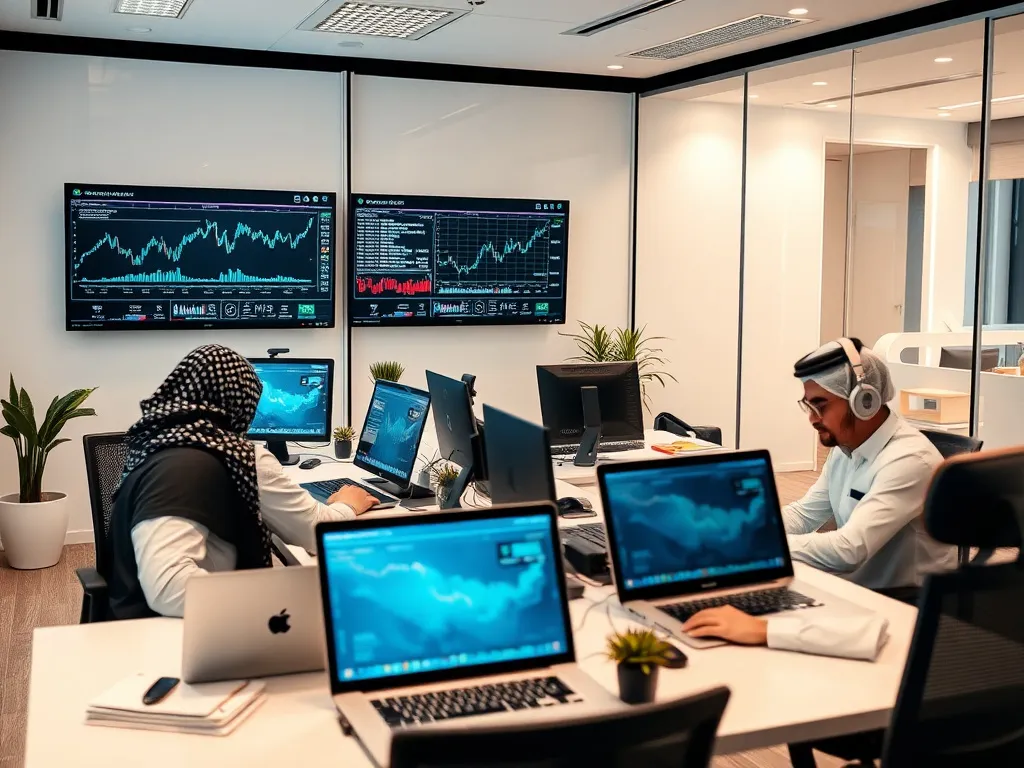 Modern and innovative accounting office in Jeddah with accountants working effectively on laptops and screens displaying financial data and graphs, photorealistic, high quality, natural lighting, contemporary decor