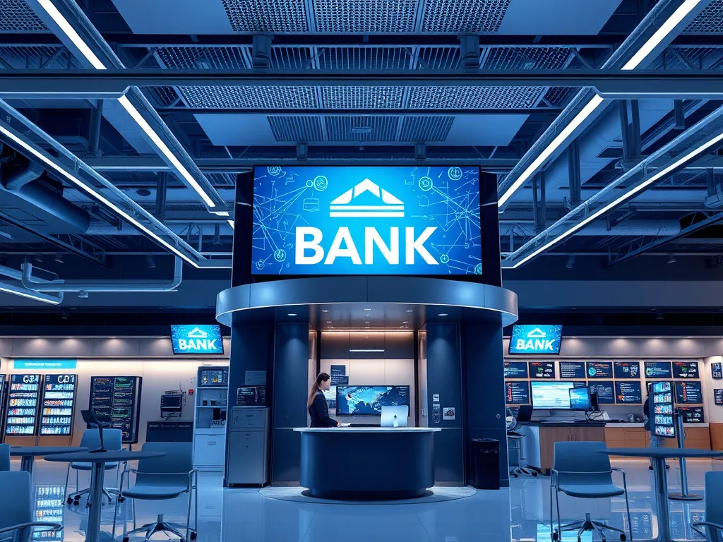 A business setting with digital infrastructure showcasing the bank's digital operations, high-quality, clear background, professional atmosphere