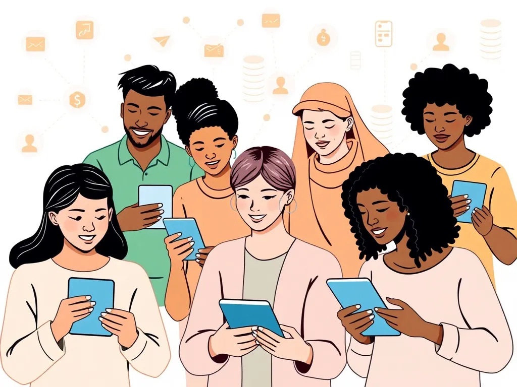 Illustration of digital financial inclusion with diverse people using smartphones, tablets, and digital platforms in a connected, inclusive environment