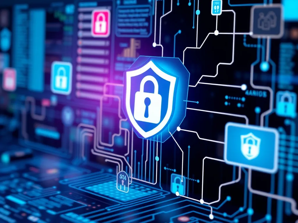 Depiction of cybersecurity measures in financial tech with secure data storage and risk management systems