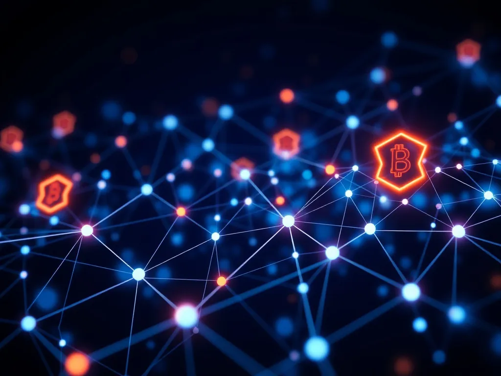 Blockchain network visual with secure digital ledgers, smart contracts depiction, high resolution, modern framework