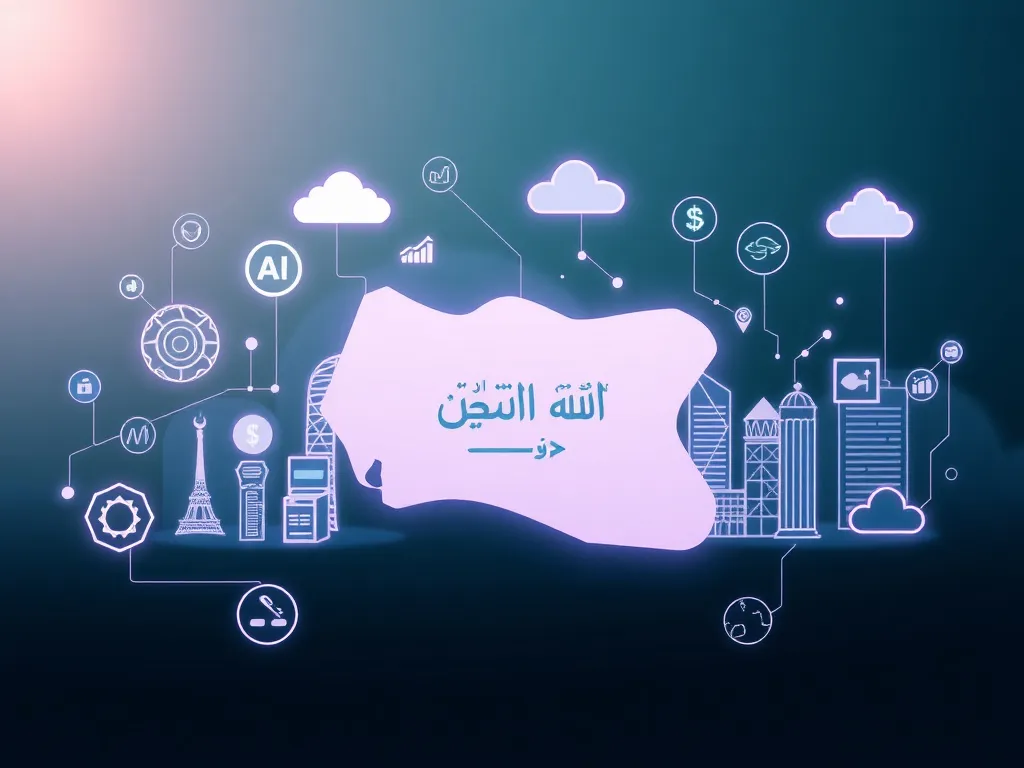 Professional representation of FinTech in Saudi Arabia, including digital elements like AI, blockchain, cloud computing, modern financial icons, high tech atmosphere