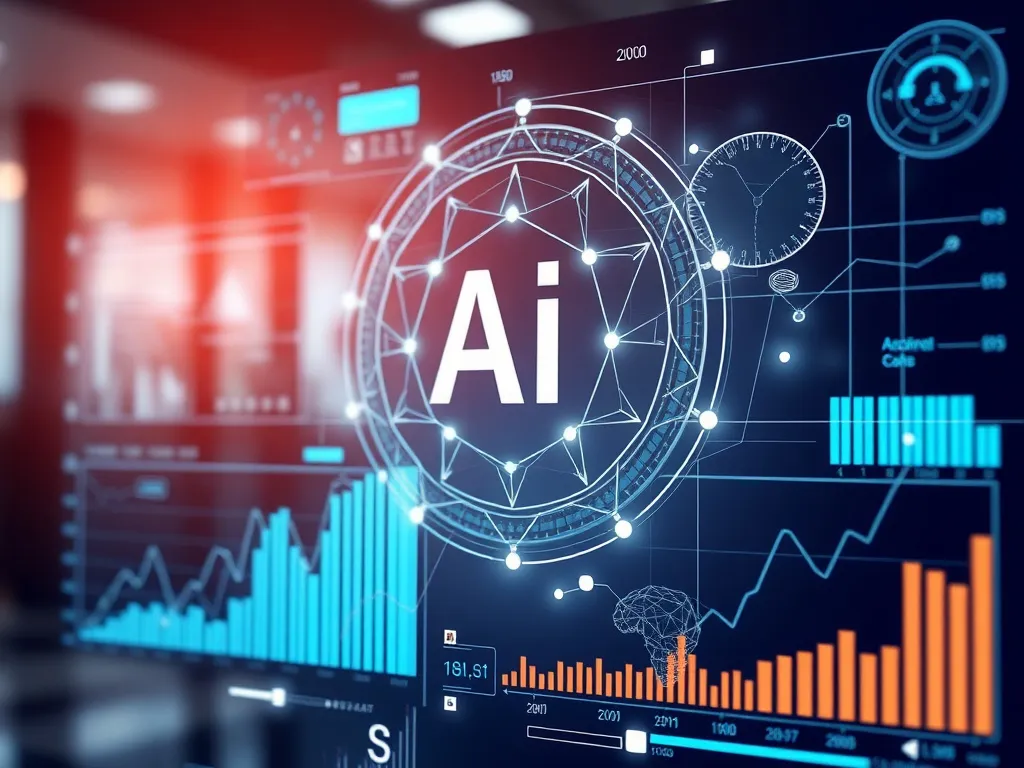 Representation of AI technology in financial services, detailed digital graphs and artificial intelligence elements, professional setting