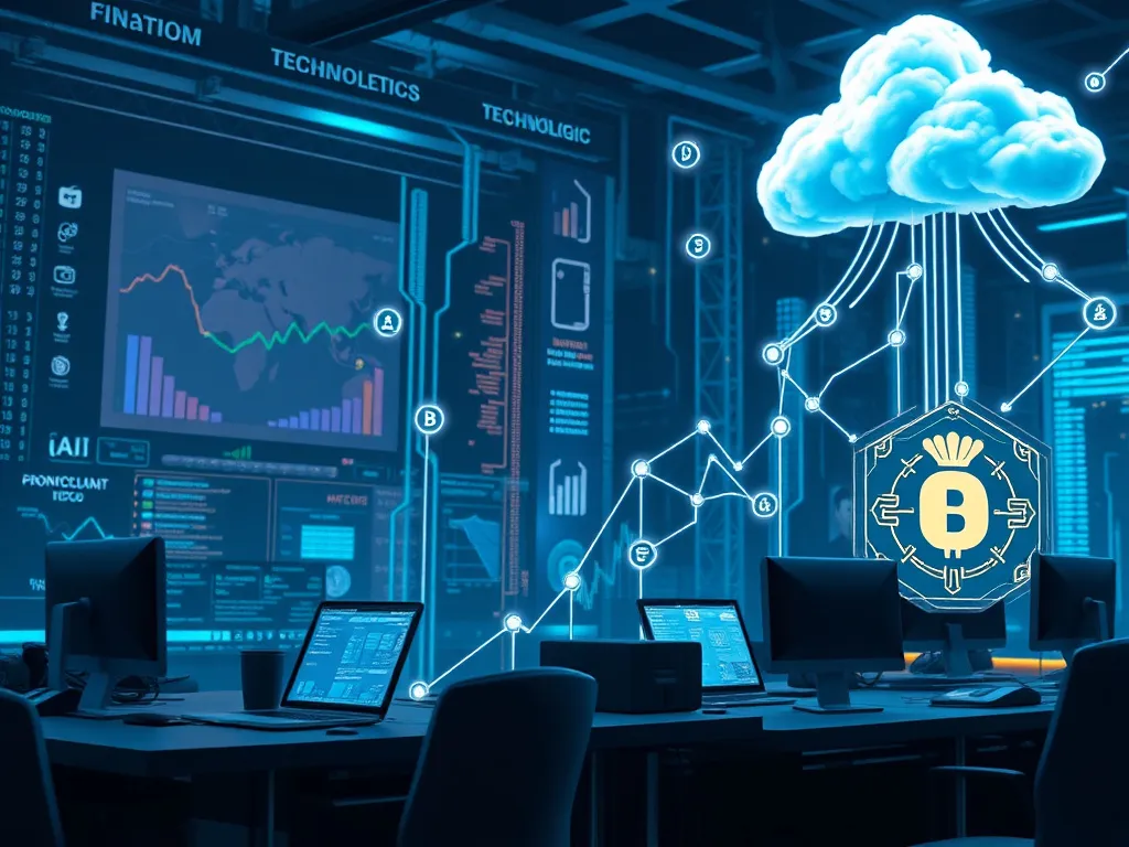 Scene depicting innovative financial technologies like AI, blockchain and cloud computing in action, high tech, dynamic setting, futuristic vibe