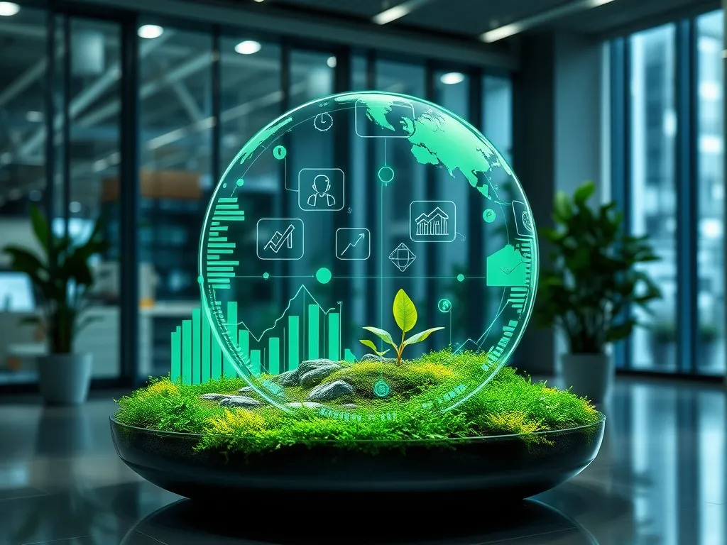 Technology integration in environmental sustainability within financial sectors, ecological impact visualization, modern setting