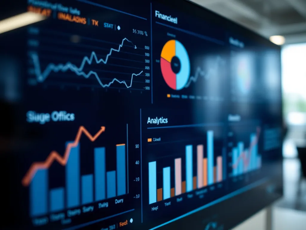 Close-up of digital financial analytics dashboard with graphs and charts in a modern office, showing improvements in financial performance through technology