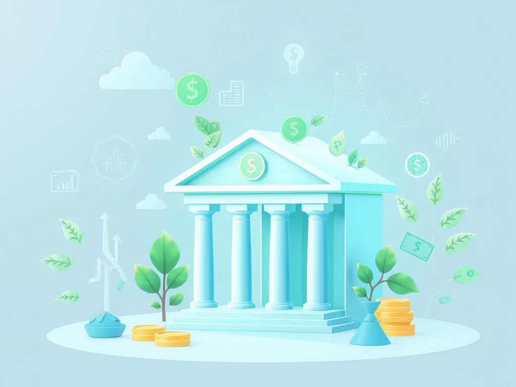 Concept art of fintech integration in banks, highlighting sustainable financial practices, with elements of digital payments and green finance