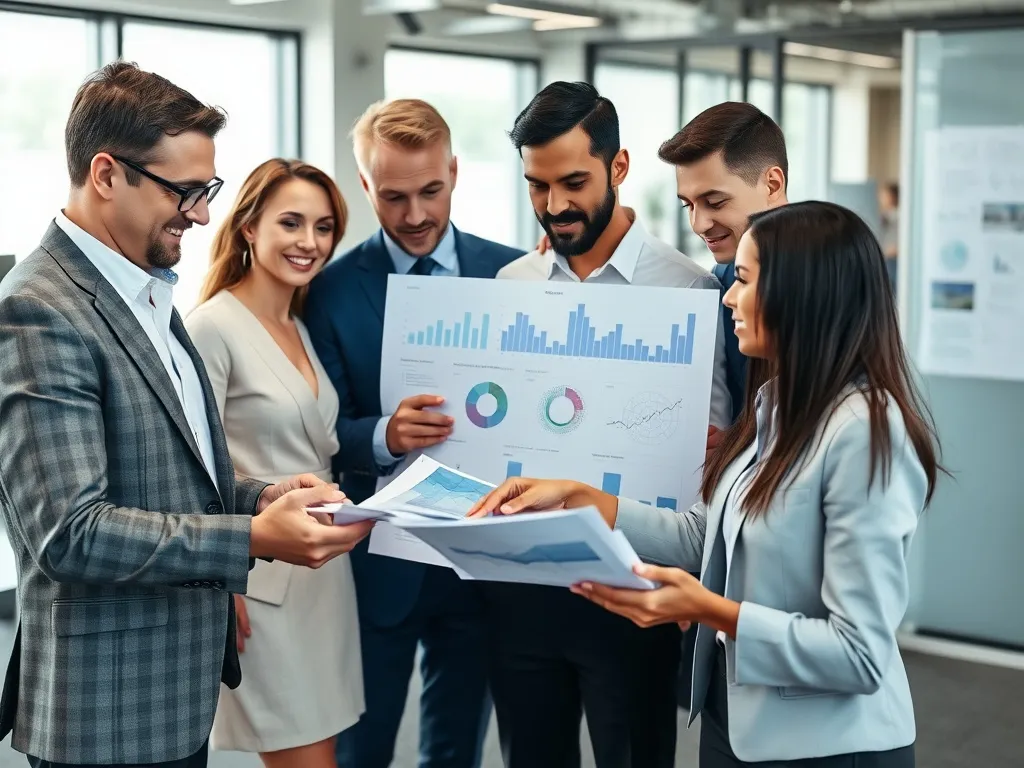 Business professionals analyzing data charts with AI applications, office setting, diverse team, detailed, business attire