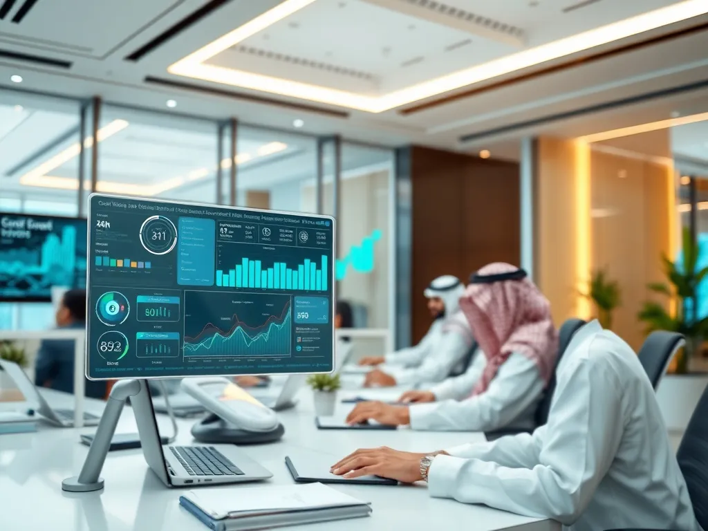 Saudi Arabian business scene with AI-driven financial management tools, cloud solutions, modern office environment, high detail