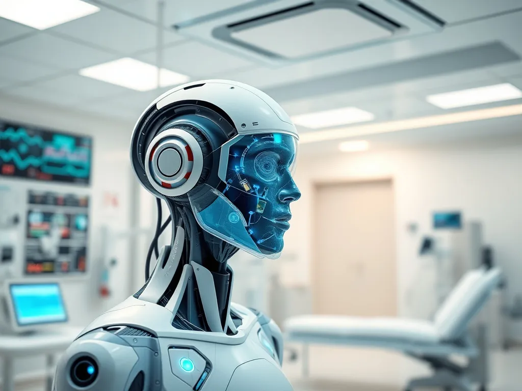 Artificial intelligence system in a medical clinic setting, futuristic healthcare technology, photorealistic