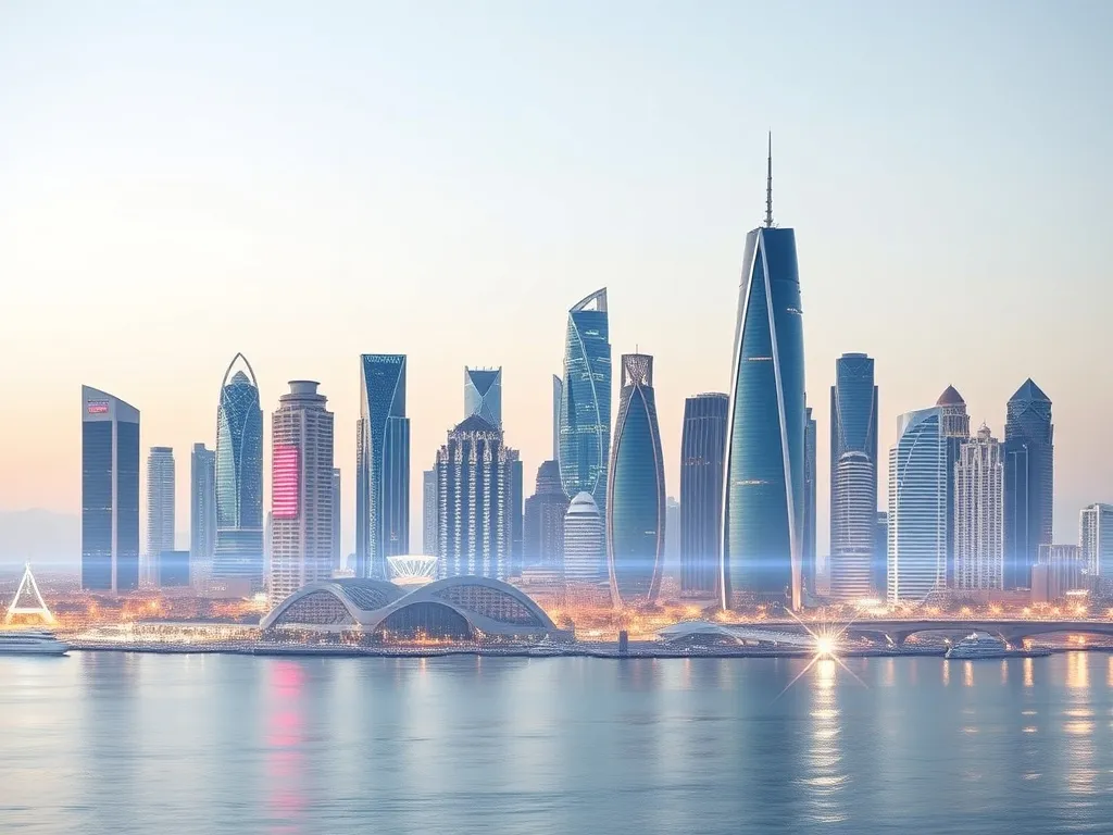 Saudi Arabian financial district skyline with digital overlay representing AI integration, high-quality, modern