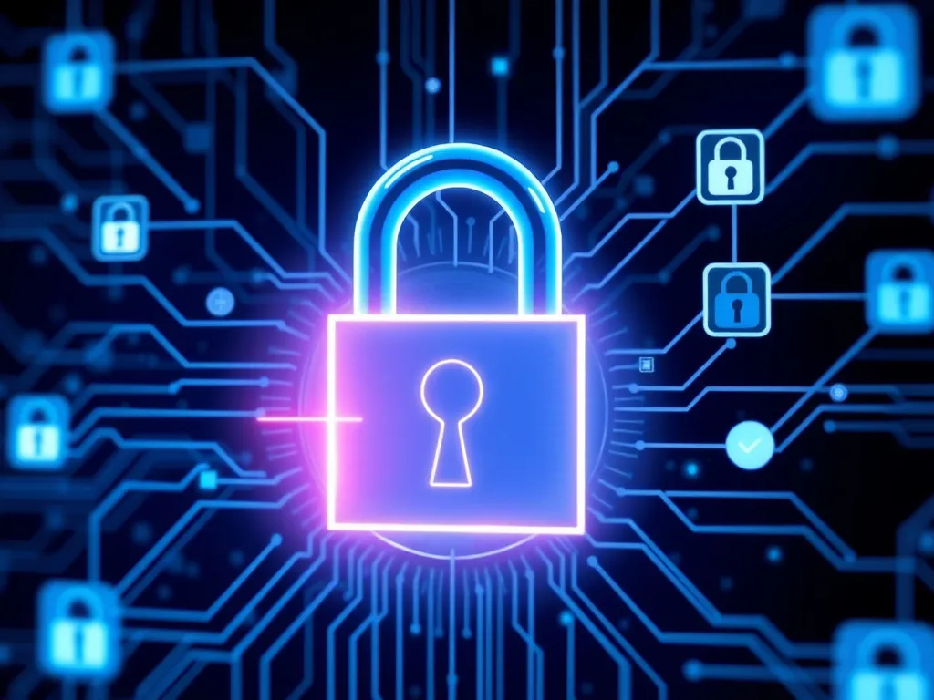 AI technology in data security, showing digital locks and secure data transfer visuals, high-tech design