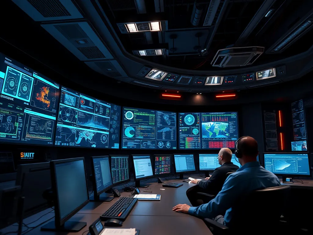 High-tech command center monitoring cyber threats with advanced software systems in operation, photorealistic, professional lighting