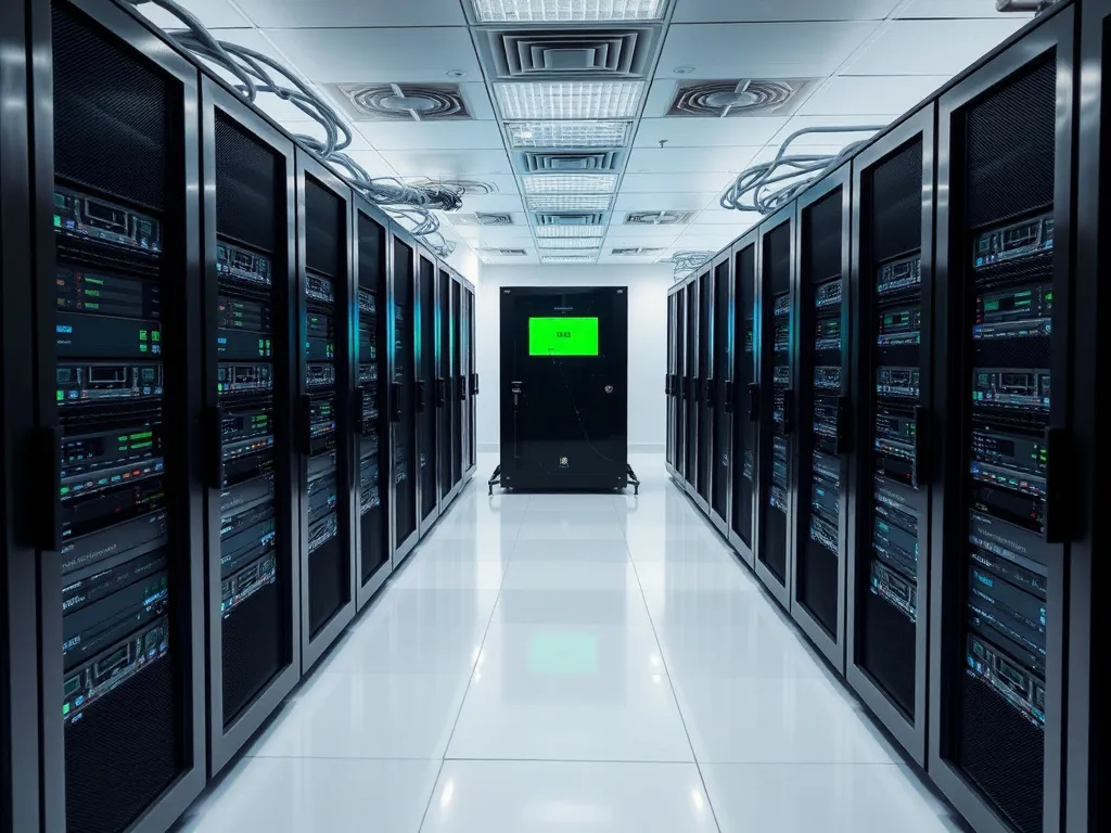 Modern data center filled with servers and AI processing units supporting financial AI applications, clean and organized, tech environment
