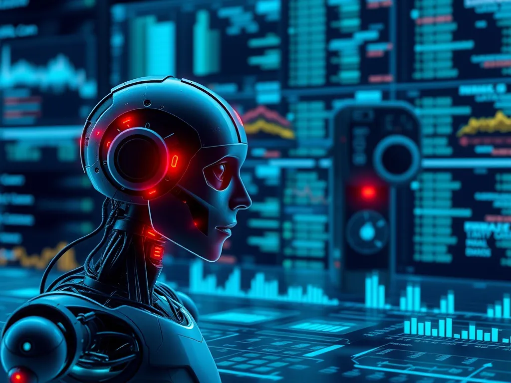 Photorealistic scene of AI algorithms detecting fraud by analyzing financial data, showcasing digital defenses and data securitization
