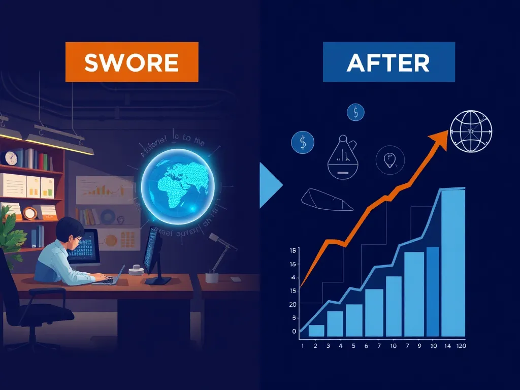 Before and after visualization of a successful AI integration in a Saudi SME, showing transformation from manual operations to AI-driven efficiency, increased productivity and growth indicators, positive and dynamic