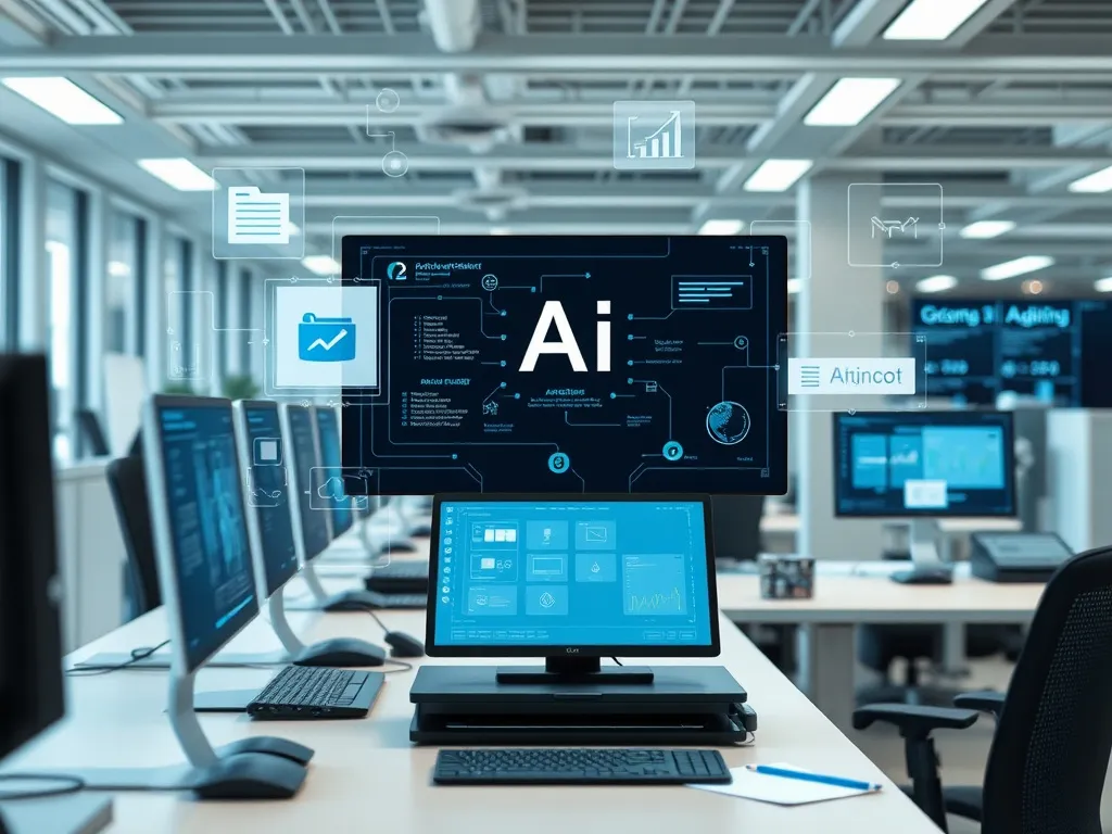 Image depicting AI-driven compliance systems in a business environment, showcasing software handling document checks, automated auditing processes, and high-tech office equipment, minimalist, clean design