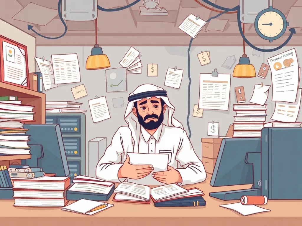 Illustration of a Saudi SME facing complex financial challenges with outdated systems, depicting elements like traditional accounting tools, manual document handling, and an overwhelmed business environment
