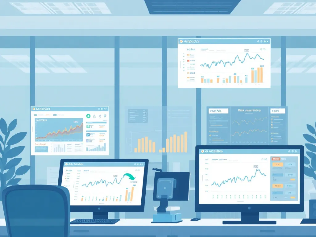 Illustration of AI tools in risk management within a business context, featuring detailed analytics dashboards, alerts on screens, and risk assessment processes, high-tech modern office