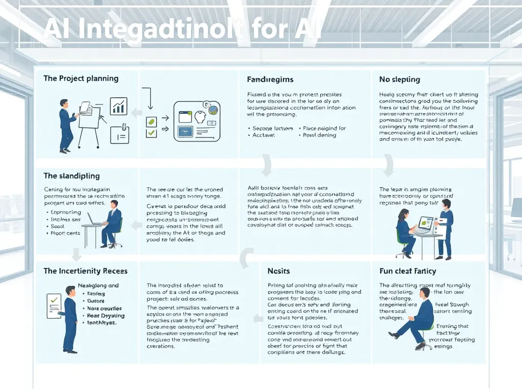 Step-by-step guide representation for AI integration in financial processes, showing project planning, training sessions, and collaborative team efforts in a modern office space, detailed and structured layout