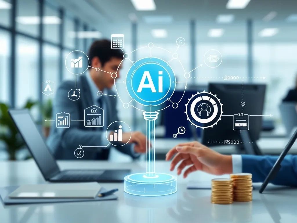 Visual representation of AI enhancing financial management, showing automated processes, data analytics, and technology integration in a professional setting, demonstrating efficient and modernized financial operations