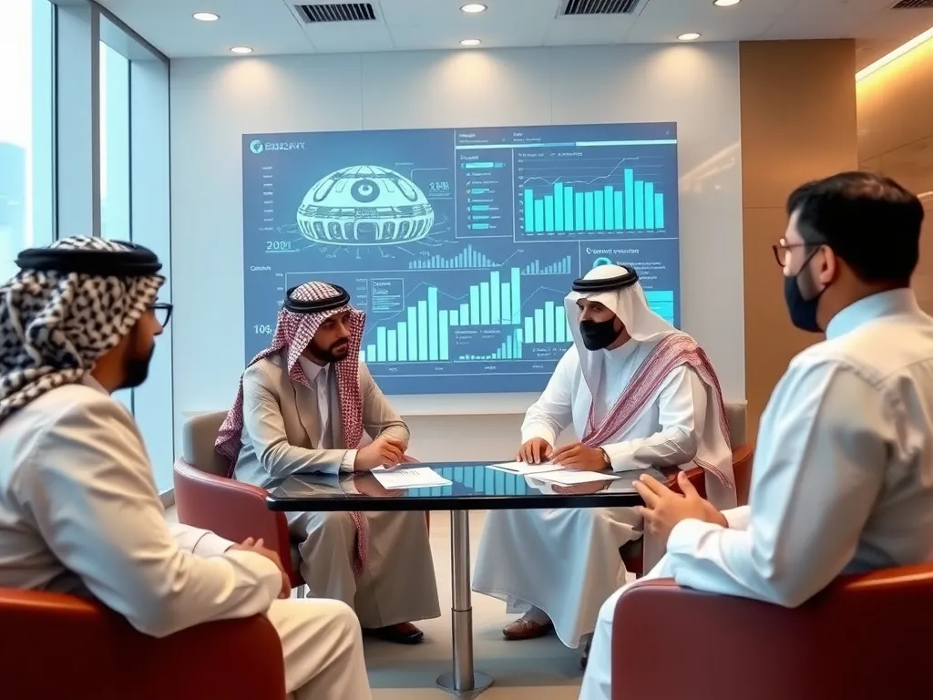 Corporate setting with AI-driven financial strategy discussion, Saudi Arabian professionals analyzing AI impact on banking