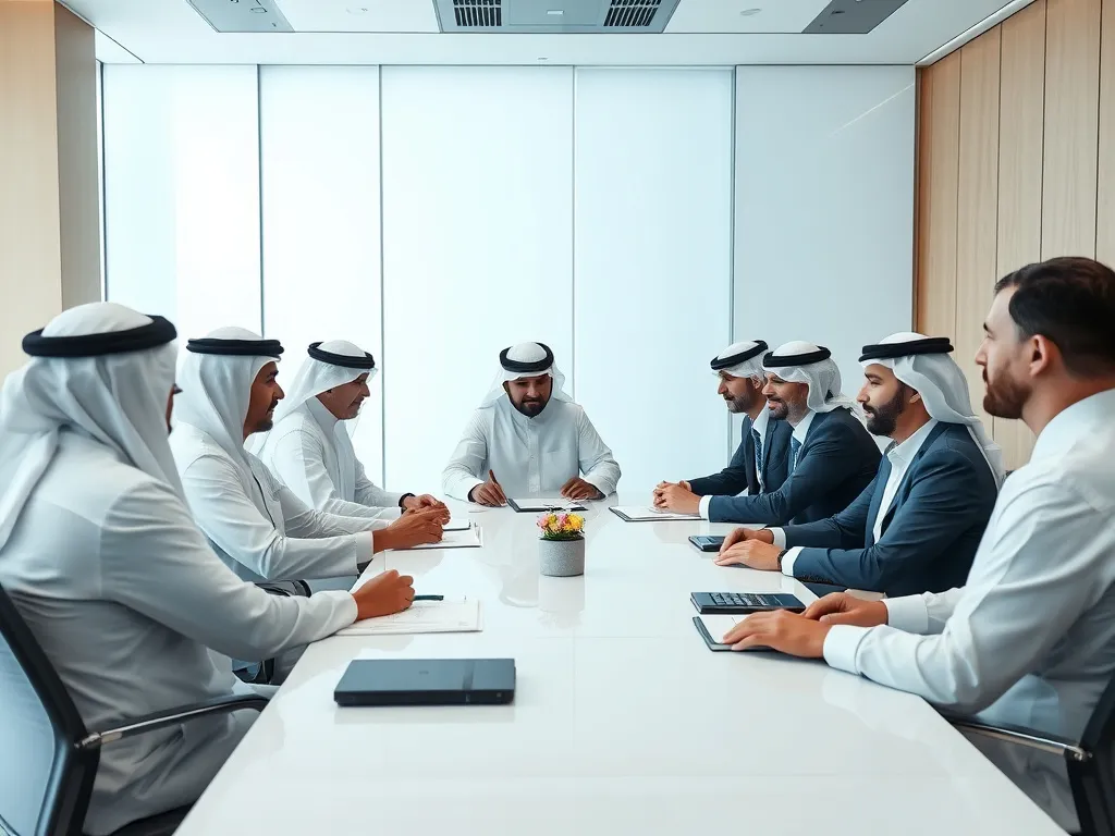 High-level AI governance and compliance team meeting in a Saudi financial institution, collaborative and strategic atmosphere, risk management focus