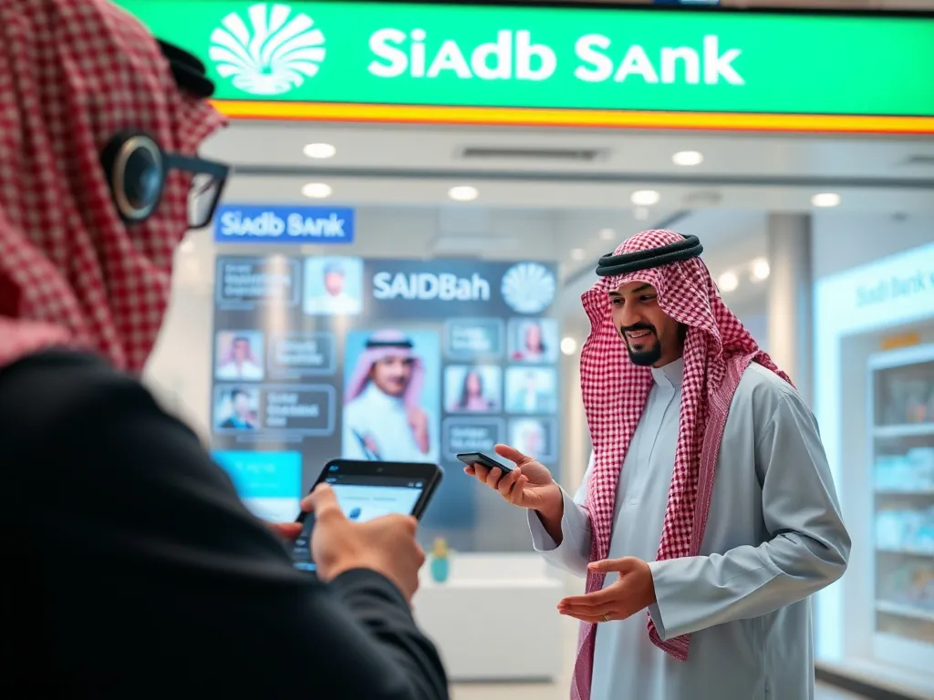 Real-time interactive customer service assisted by AI in a Saudi bank setting, detailed, innovative technology, customer-focused digital interactions