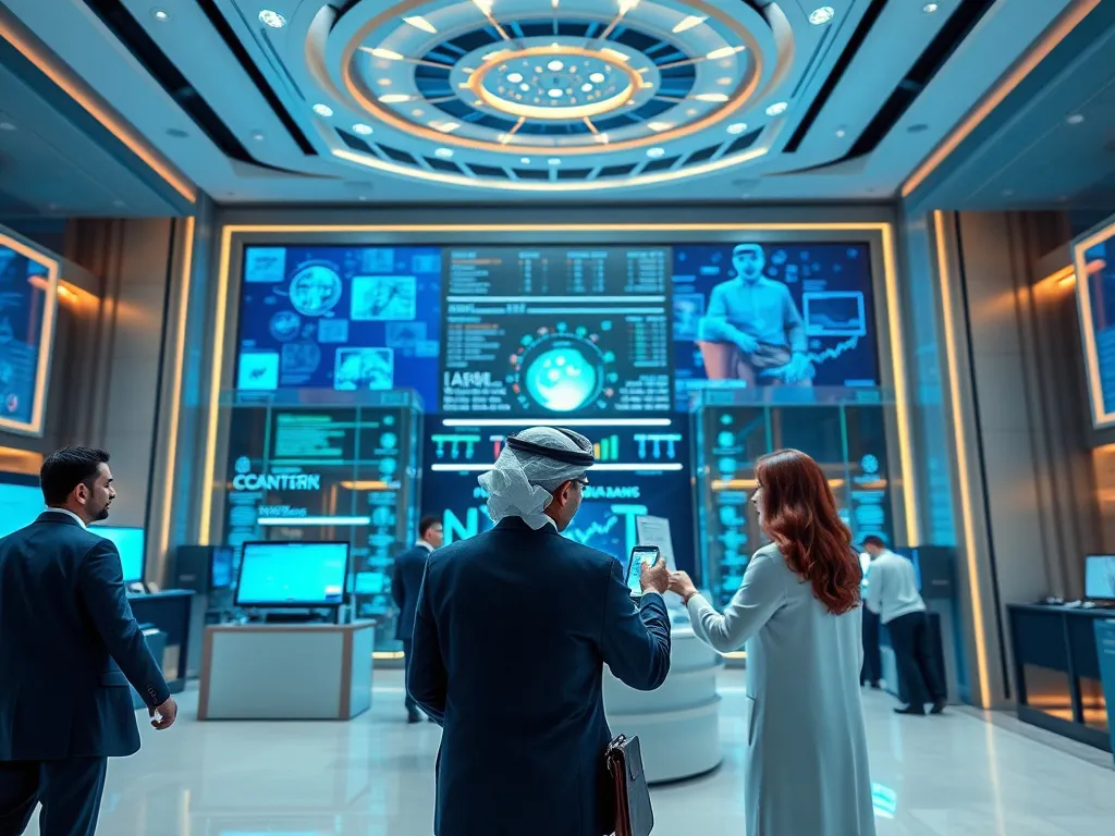 Professional Saudi bank interior with modern AI integration, detailed, high-tech environment, financial professionals interacting with digital interfaces