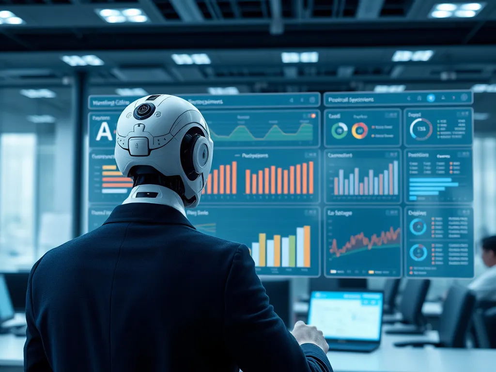 Professional business environment with AI systems assisting compliance officers, showcasing interactive dashboard with risk assessments