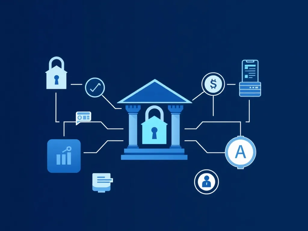 Conceptual illustration of AI technology transforming banking, featuring digital security symbols, data management visuals, and financial identifiers