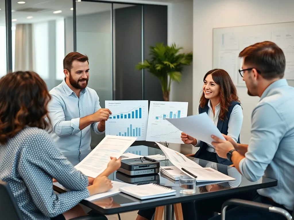 Business meeting with a part-time CFO presenting financial strategies, diverse team reviewing digital dashboards, financial documents, modern office, professional photography