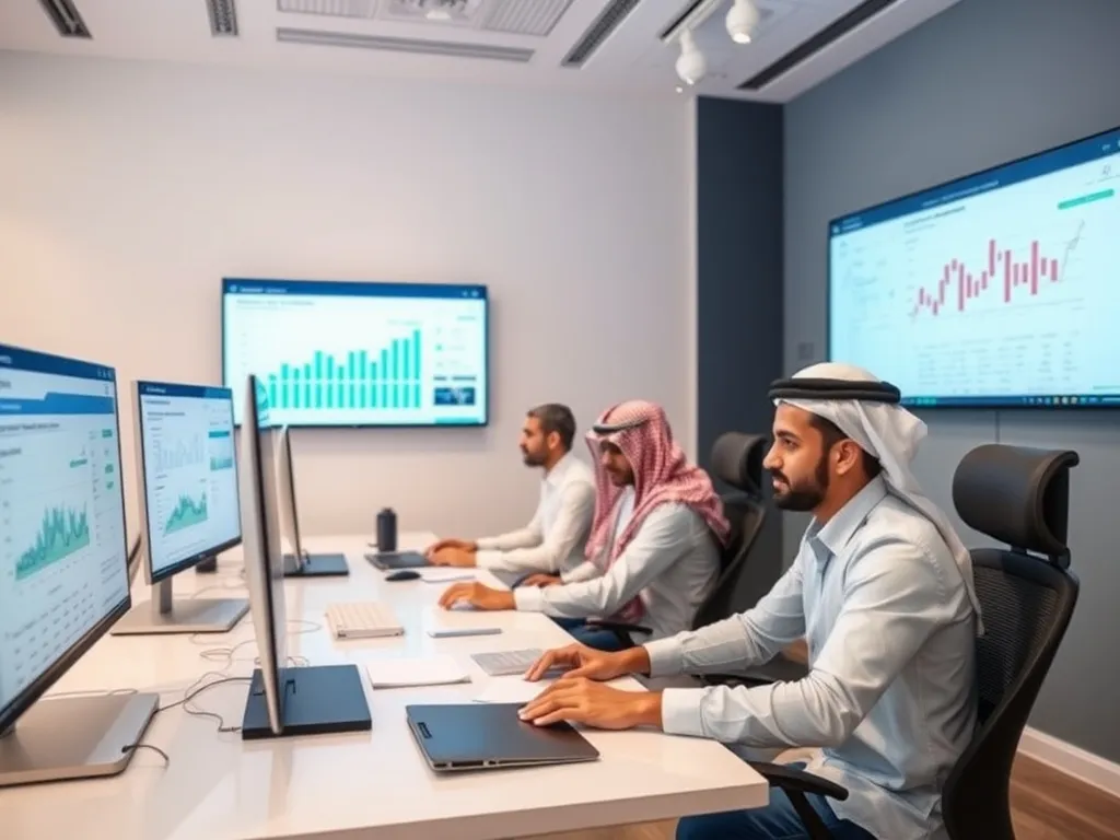 Dynamic tech startup office in Riyadh with young professionals at computers, investor reporting discussions, cash flow charts on screens, contemporary design
