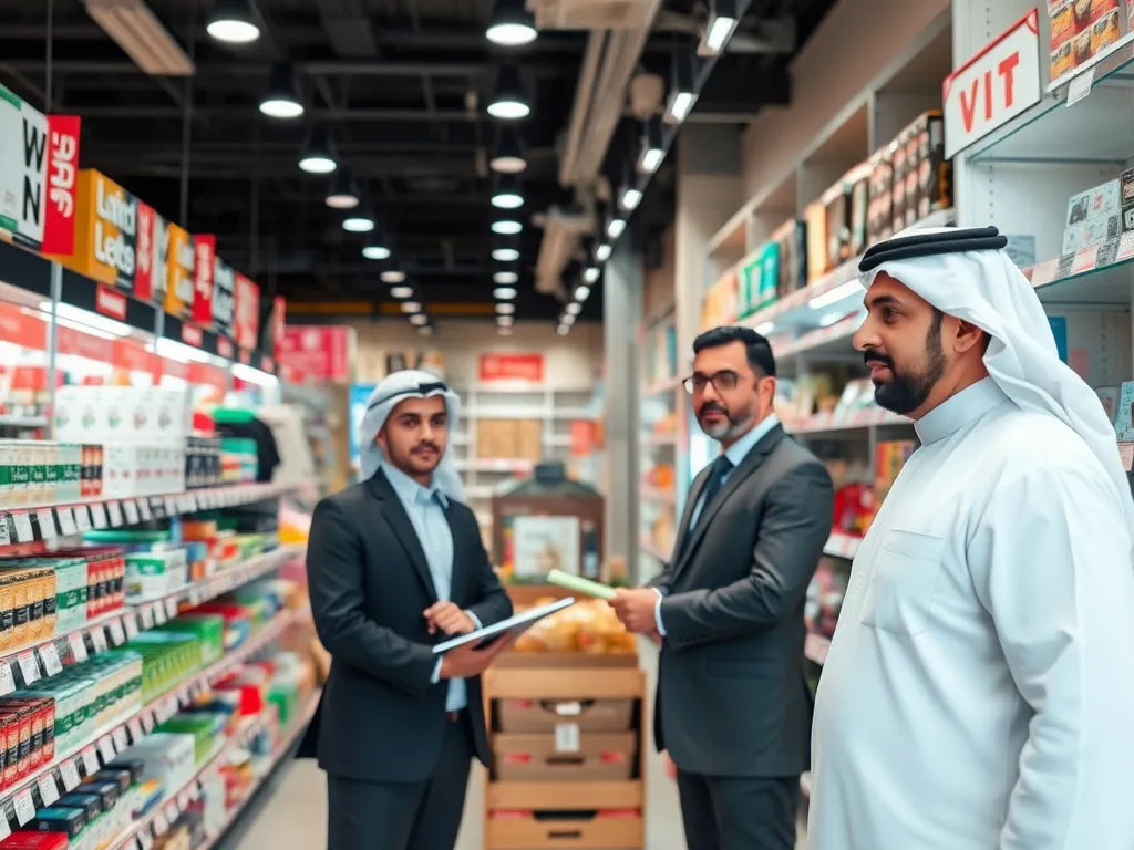 Retail environment in Jeddah, business consultants addressing VAT compliance, organized inventory systems, vibrant store setting, professional imagery