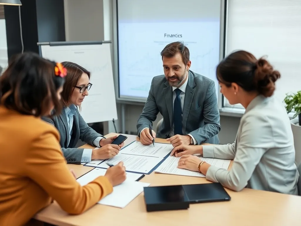 Strategic business planning session with financial consultants and executives, working on financial alignment, professional setting, with digital tools