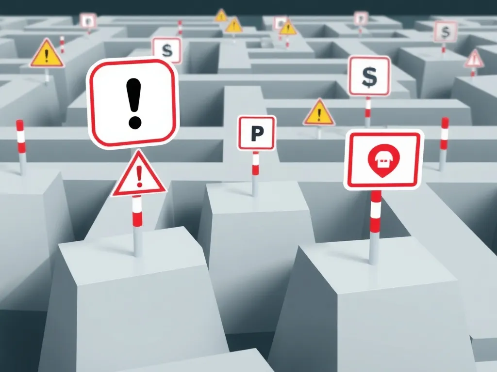 Visual metaphor of financial pitfalls, obstacle symbols, business maze, professional setting, cautionary tone