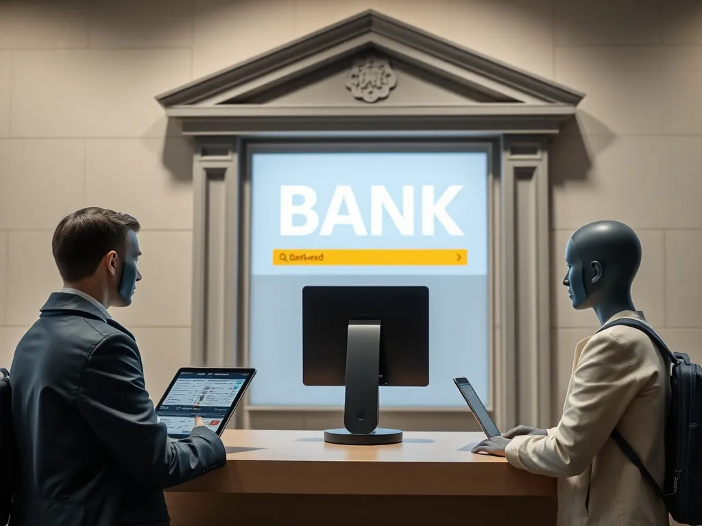 Bank setting with digital avatars or virtual assistants for customer support, AI-driven innovation