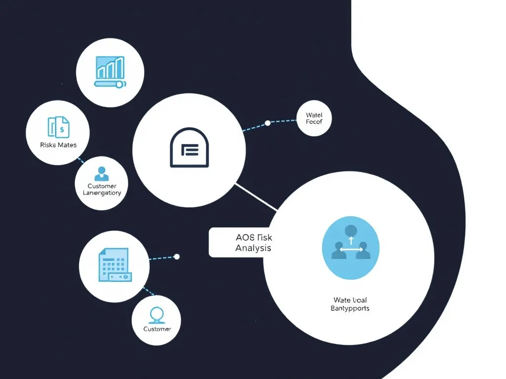 Diagram of AI integration in banking systems, highlighting risk analysis and customer support, professional design