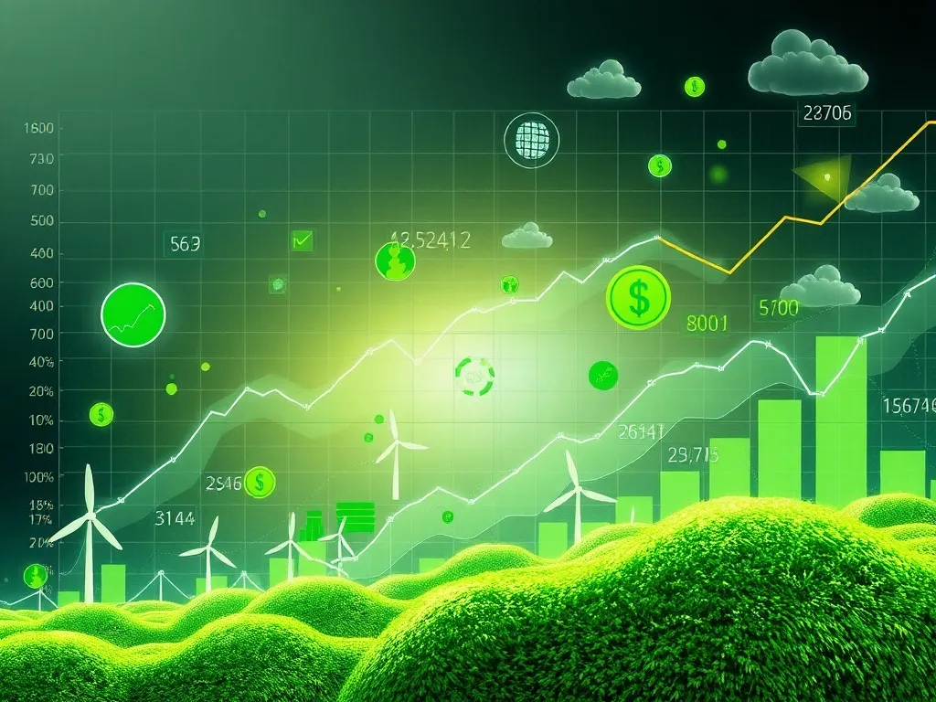 Dynamic financial market focusing on sustainable growth, green energy symbols, and environmental graphs