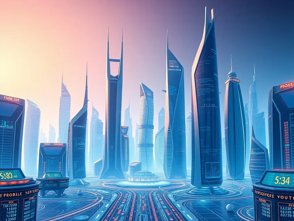 Futuristic cityscape with advanced financial trading floors, Saudi Arabia, Vision 2030, digital growth