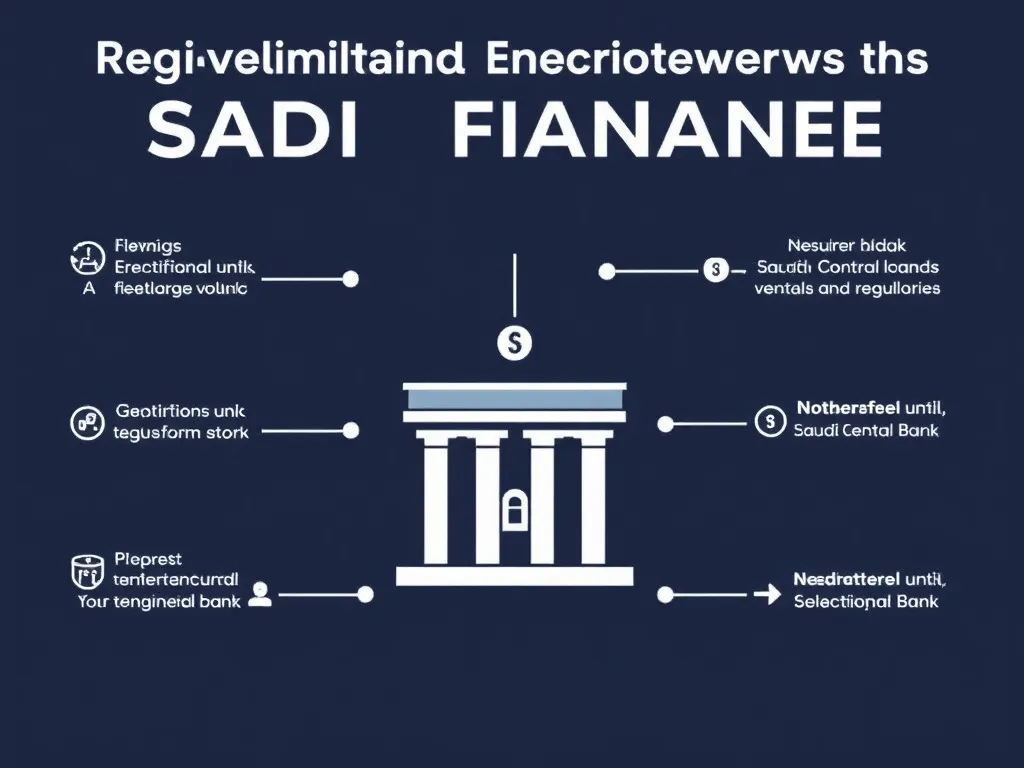 Illustration of regulatory frameworks in Saudi finance, with Saudi Central Bank and secure data elements
