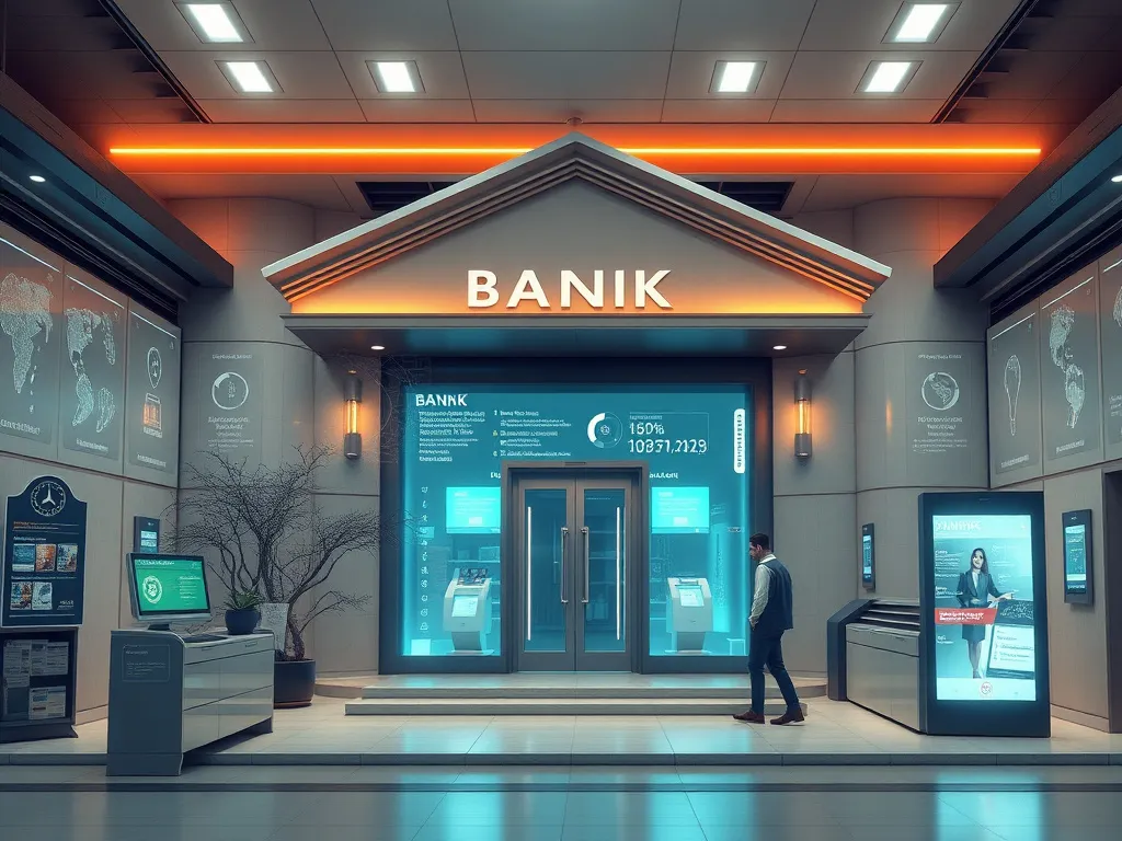 Seamless data integration in traditional banking setup, merging old and new technologies, futuristic design