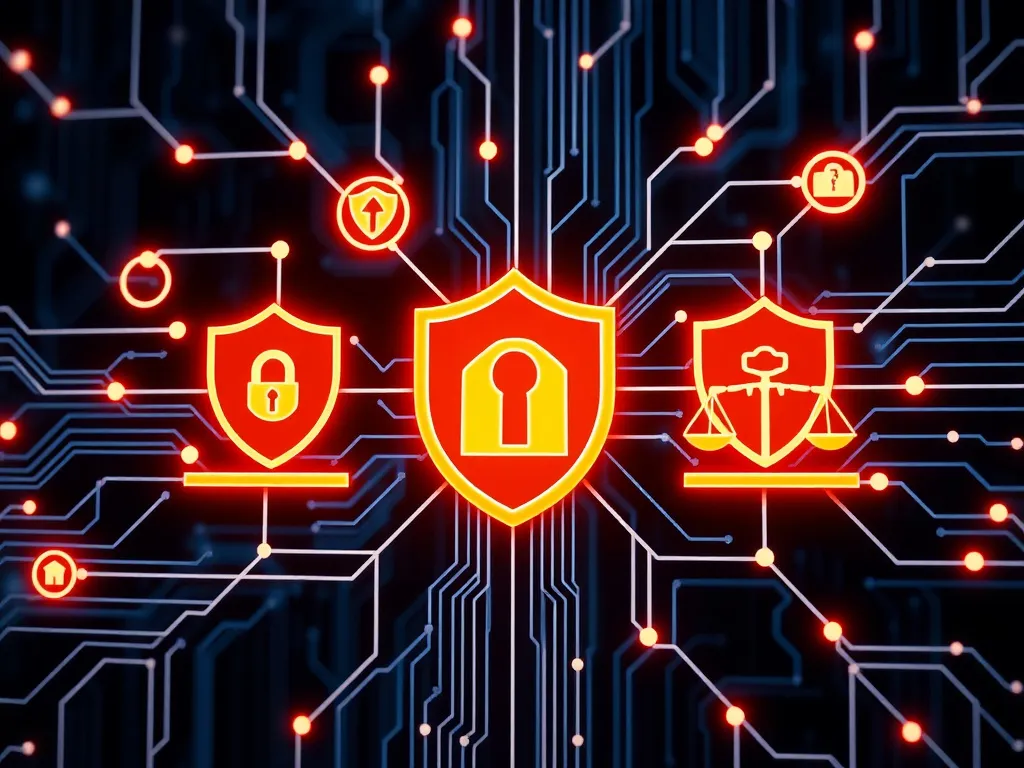 Strong data management network with ethical AI elements like shields and balance symbols, secure environment