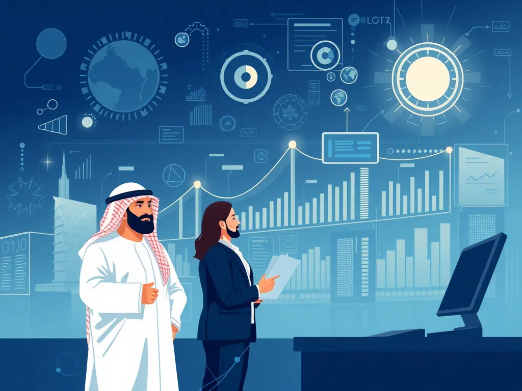 Illustration depicting a successful digital transformation journey of a Saudi company with integrated cybersecurity strategies, feature business professionals analyzing data. Illustration depicting a successful digital transformation journey of a Saudi company with integrated cybersecurity strategies, feature business professionals analyzing data.