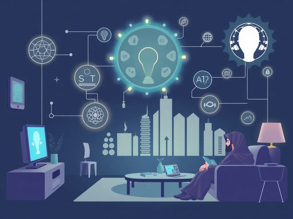 Illustration of Internet of Things concepts and artificial intelligence in the context of Saudi Arabia's digital transformation, showing smart devices and AI applications in daily life. Illustration of Internet of Things concepts and artificial intelligence in the context of Saudi Arabia's digital transformation, showing smart devices and AI applications in daily life.