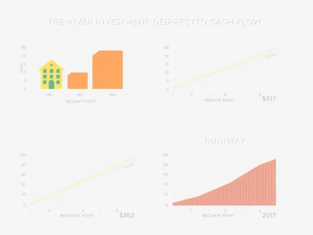 Illustration of different investments impacting cash flow, including breakeven point and runway analysis, detailed, financial diagrams, minimalistic design