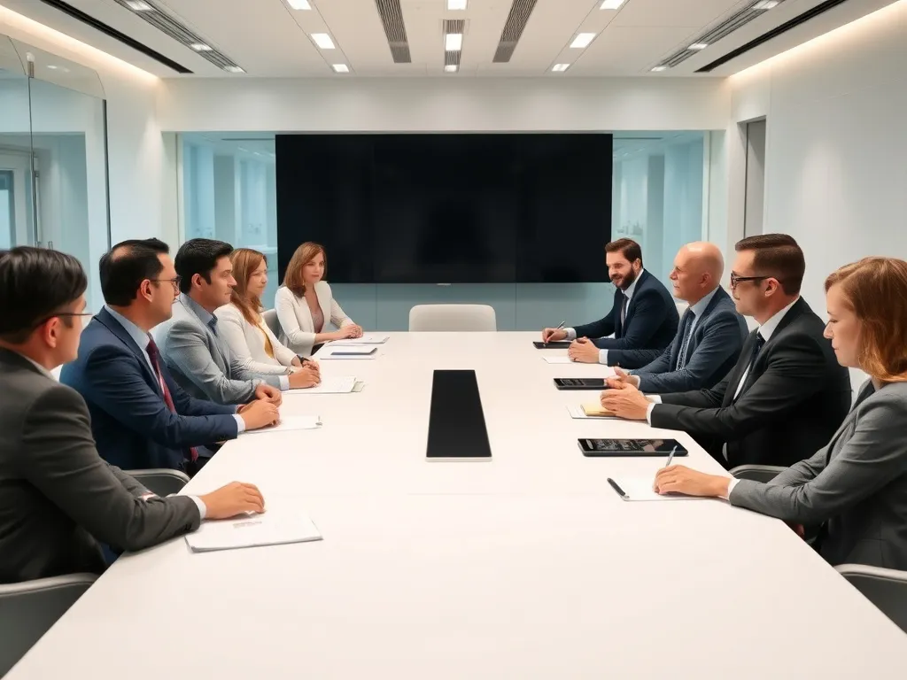 Professional board meeting with independent directors, diverse group, modern conference room, discussing financial governance strategies Professional board meeting with independent directors, diverse group, modern conference room, discussing financial governance strategies